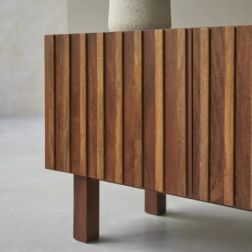 Modern Fluted Mango Wood Living Room Cabinet | Natural Finish Storage Unit | Contemporary Media Console | J.L.HOME DECOR