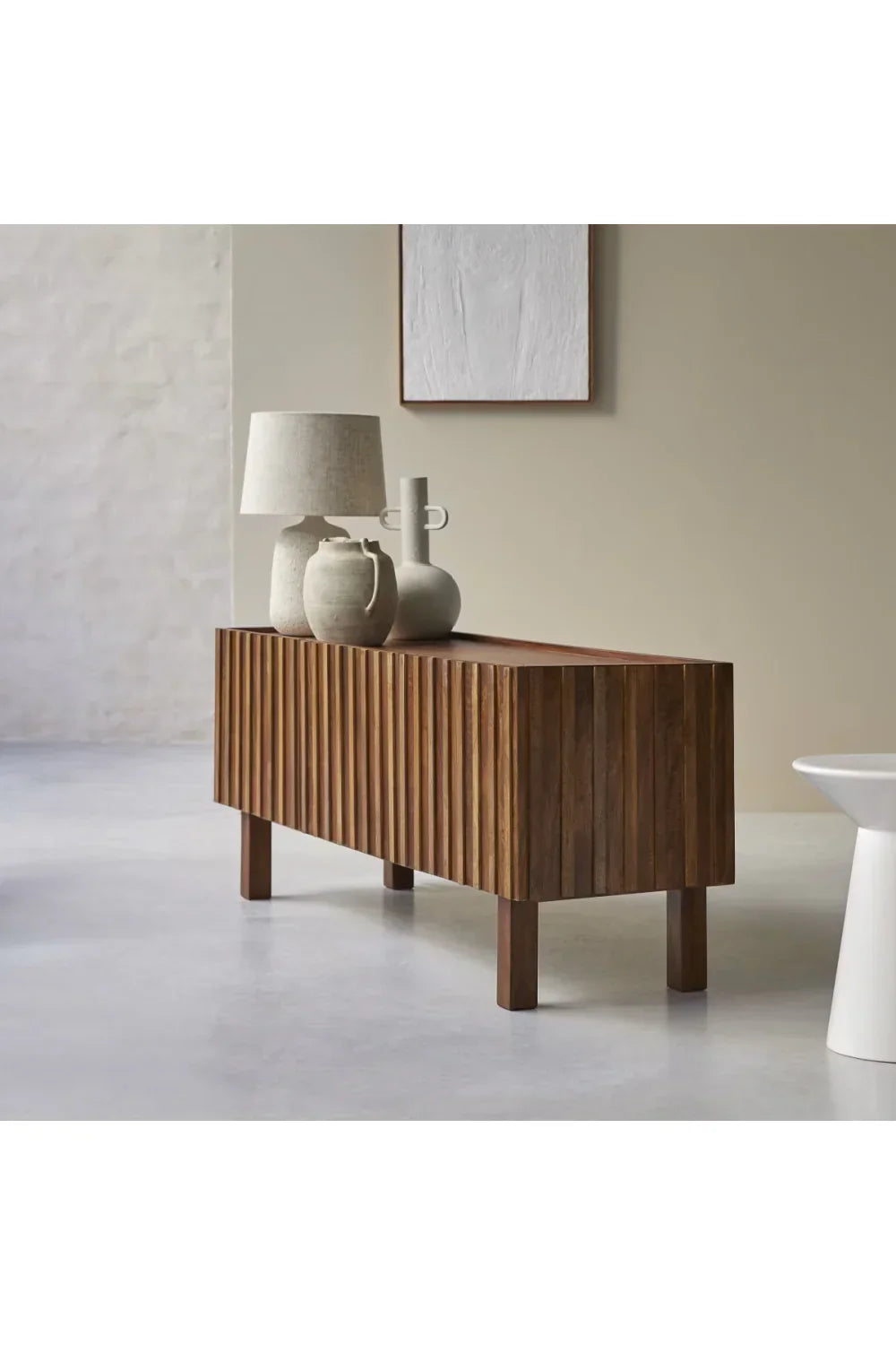 Modern Fluted Mango Wood Living Room Cabinet | Natural Finish Storage Unit | Contemporary Media Console | J.L.HOME DECOR