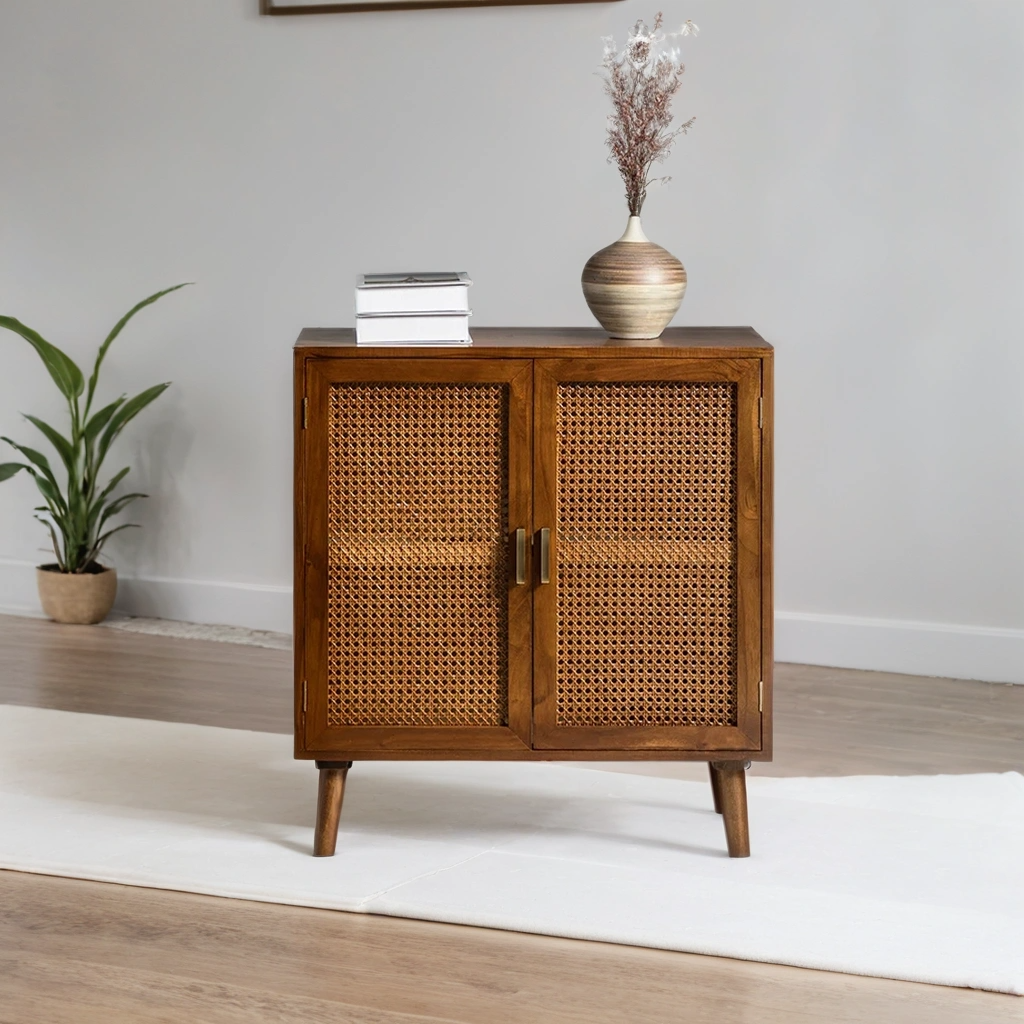 Handcrafted Mango Wood & Rattan 2-Door Accent Cabinet | Boho Storage Unit | Cane Weave Cabinet | J.L.HOME DECOR