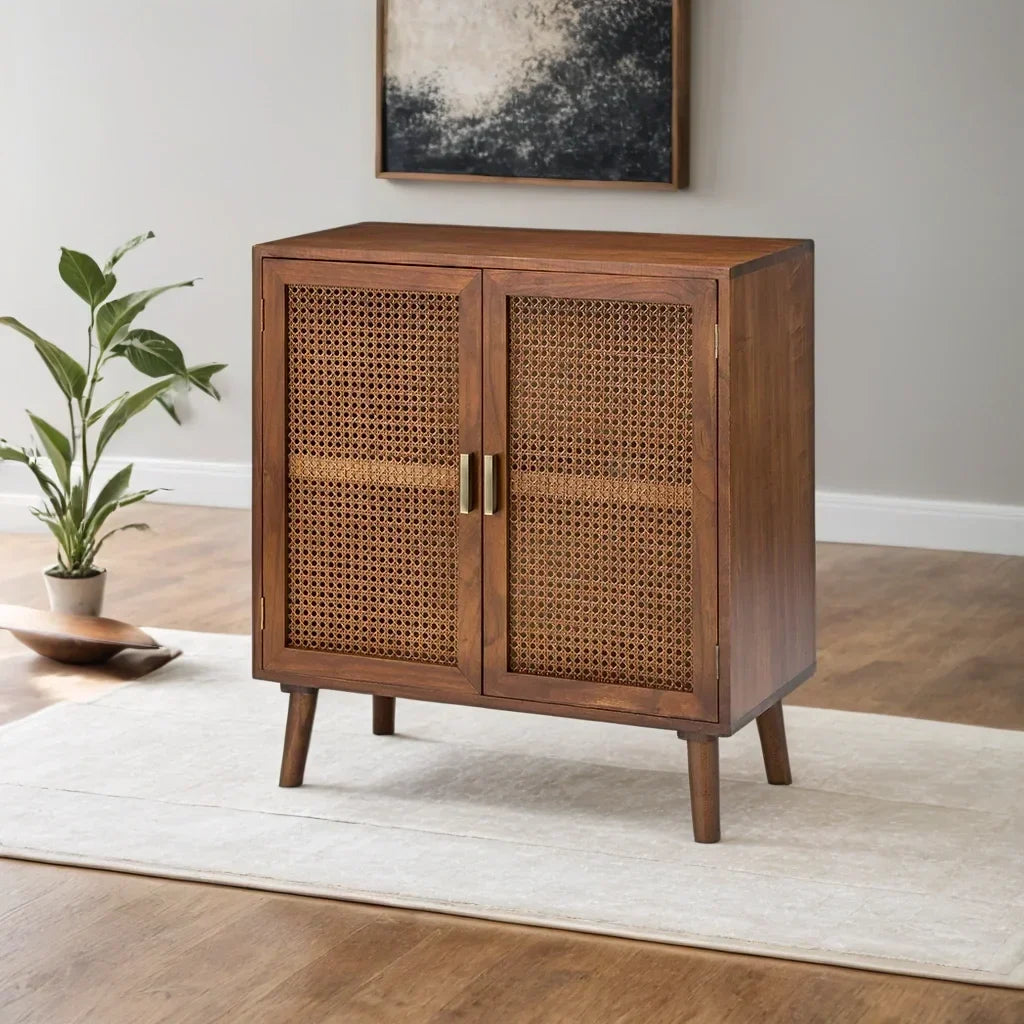 Handcrafted Mango Wood & Rattan 2-Door Accent Cabinet | Boho Storage Unit | Cane Weave Cabinet | J.L.HOME DECOR