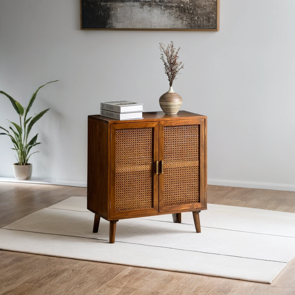 Handcrafted Mango Wood & Rattan 2-Door Accent Cabinet | Boho Storage Unit | Cane Weave Cabinet | J.L.HOME DECOR