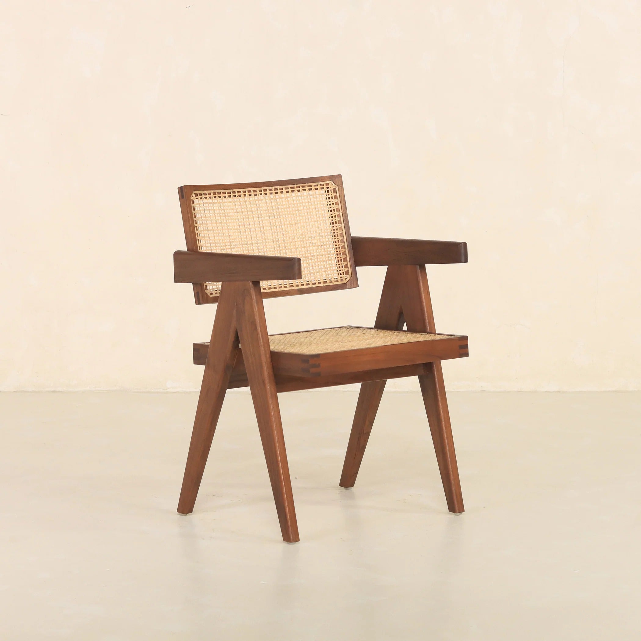 Dark Walnut Cane Rattan Dining Chair | Solid Mango Wood Handcrafted Armchair | Mid-Century Modern Seating | J.L.HOME DECOR