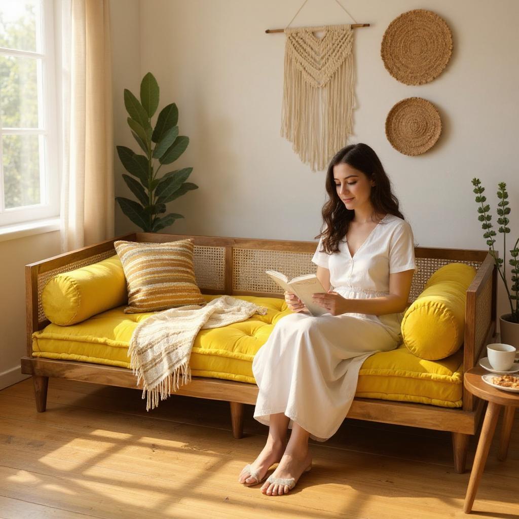 Aesthetic Cane Daybed Sofa | Handcrafted Mango Wood Lounger with Yellow Cushion & Bolsters | Bohemian Living Room Furniture | J.L.HOME DECOR