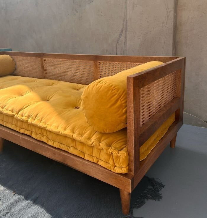 Aesthetic Cane Daybed Sofa | Handcrafted Mango Wood Lounger with Yellow Cushion & Bolsters | Bohemian Living Room Furniture | J.L.HOME DECOR