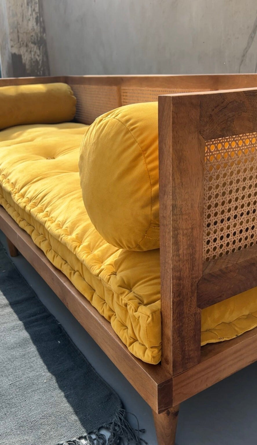 Aesthetic Cane Daybed Sofa | Handcrafted Mango Wood Lounger with Yellow Cushion & Bolsters | Bohemian Living Room Furniture | J.L.HOME DECOR