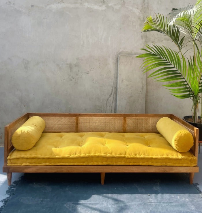 Aesthetic Cane Daybed Sofa | Handcrafted Mango Wood Lounger with Yellow Cushion & Bolsters | Bohemian Living Room Furniture | J.L.HOME DECOR