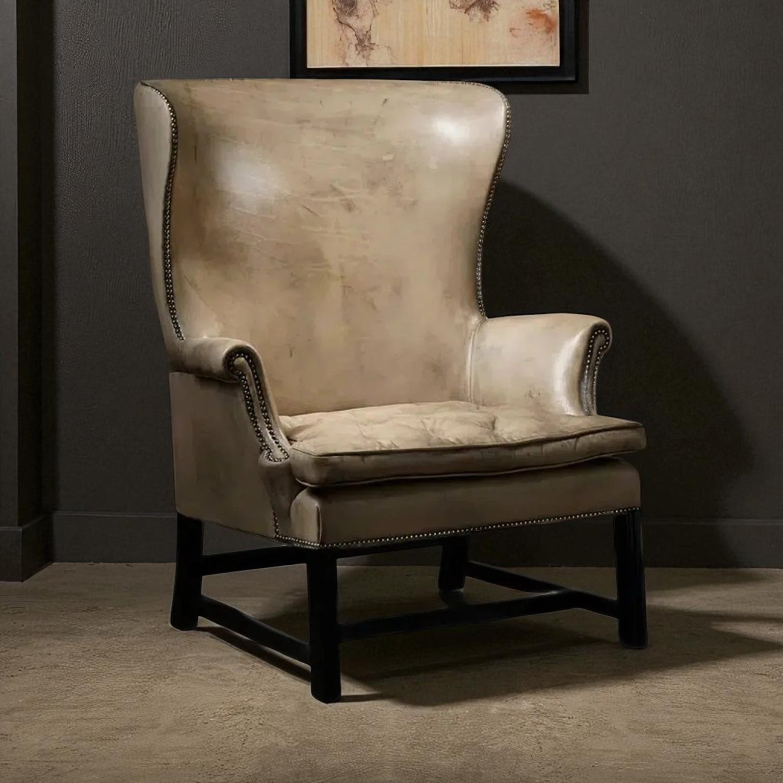 Imperium Slate Wingback Leather Chair – Handcrafted Slate Brown/Bone Accent by J.L.HOME DECOR