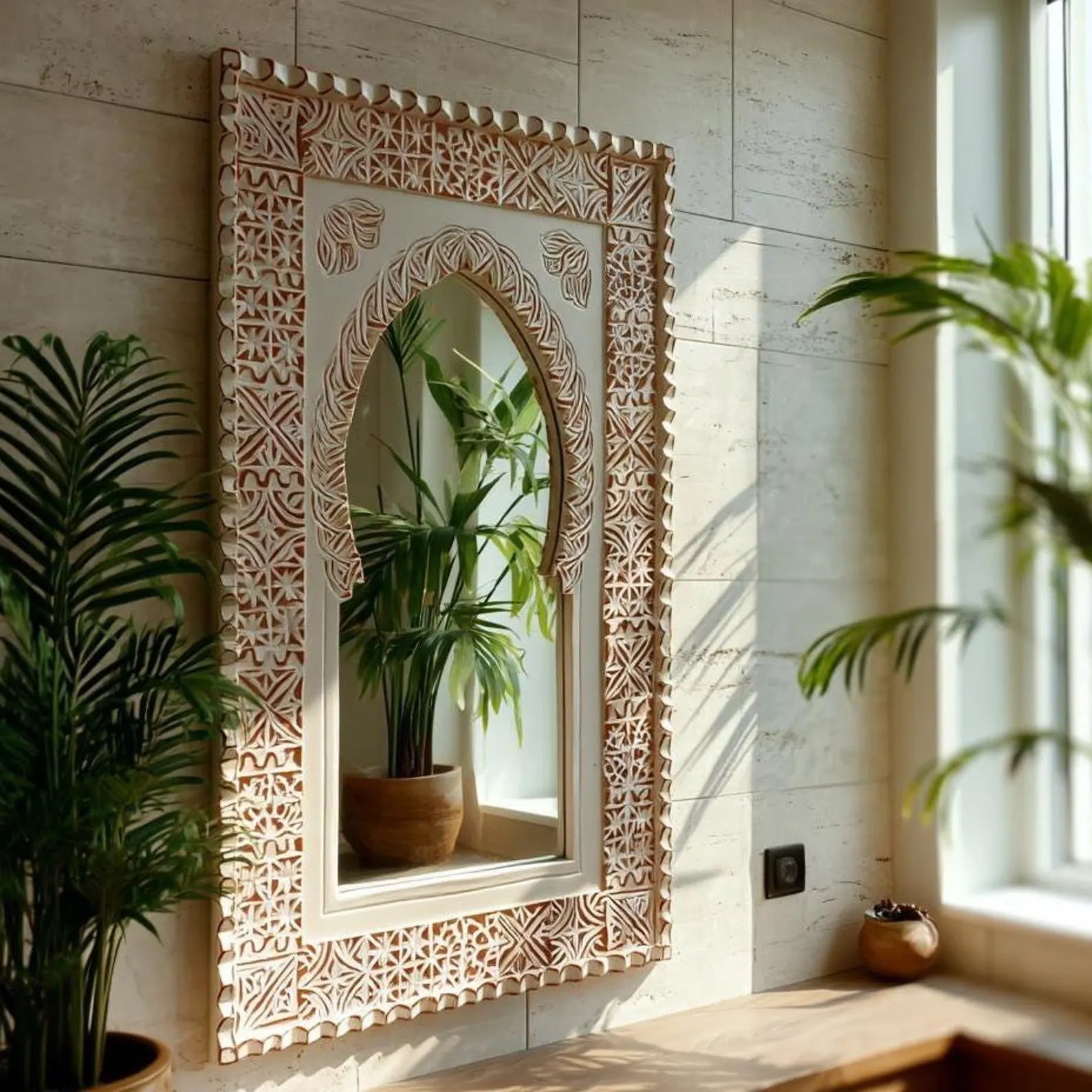 Vintage Arch Hand Carved Wooden Wall Mirror – Living Furn India