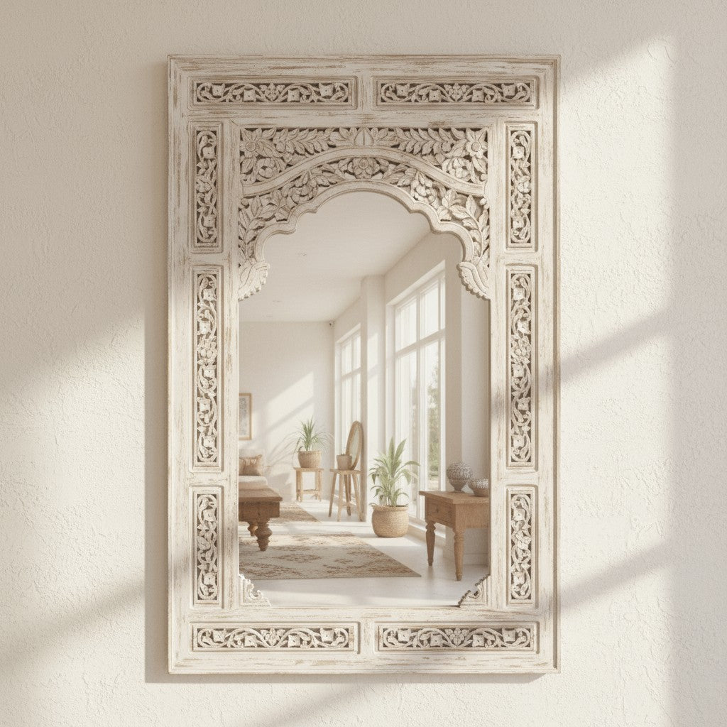 mango wood mirror, carved mirror, jharokha mirror, arched mirror, vertical mirror, rajasthani mirror, indian mirror, distressed mirror, whitewash mirror, white mirror, wall mirror, statement mirror, architectural mirror, palace mirror, traditional mirror, handmade mirror, artisan mirror, premium mirror, quality mirror, durable mirror, elegant mirror, unique mirror, decorative mirror, focal piece mirror, handcrafted in india, sustainable mango wood, distressed whitewash, whitewash finish, antiquing, warm woo