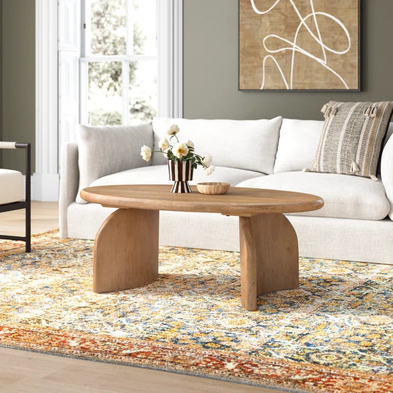Oval Solid Wood Coffee Table | Modern Sculptural Base | Natural Wood Living Room Centerpiece | J.L.HOME DECOR