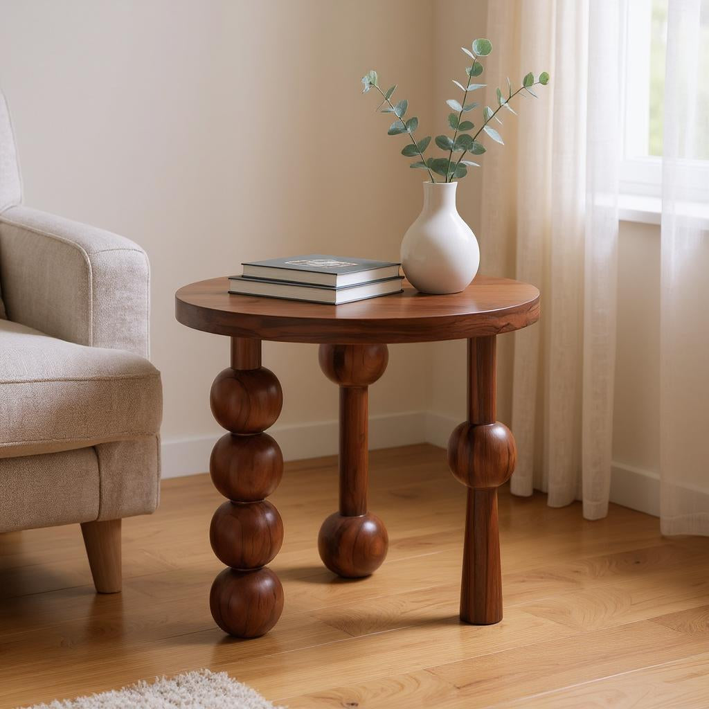 CinnaCurve Solid Mango Wood Round Side Table – Stylish Cinnamon Brown Finish by J.L.HOME DECOR
