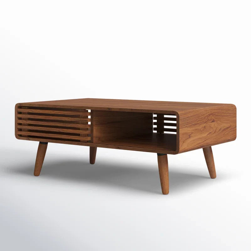Mid-Century Modern Slatted Wood Coffee Table | Walnut Finish | Integrated Storage | Living Room Centerpiece | J.L.HOME DECOR