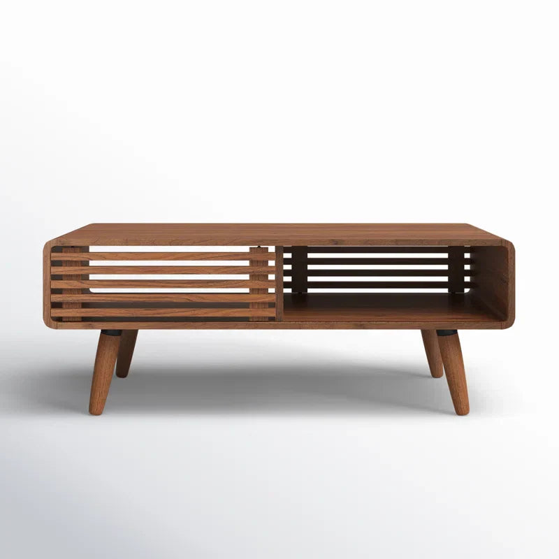 Mid-Century Modern Slatted Wood Coffee Table | Walnut Finish | Integrated Storage | Living Room Centerpiece | J.L.HOME DECOR
