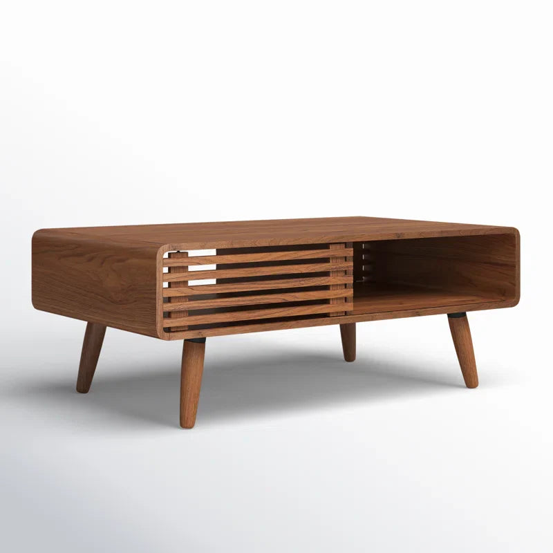 Mid-Century Modern Slatted Wood Coffee Table | Walnut Finish | Integrated Storage | Living Room Centerpiece | J.L.HOME DECOR
