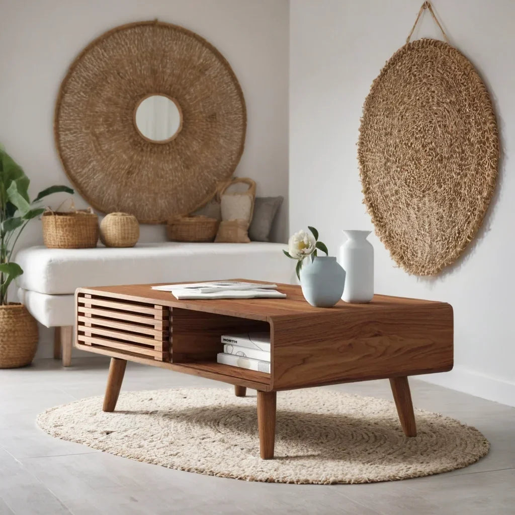 Mid-Century Modern Slatted Wood Coffee Table | Walnut Finish | Integrated Storage | Living Room Centerpiece | J.L.HOME DECOR