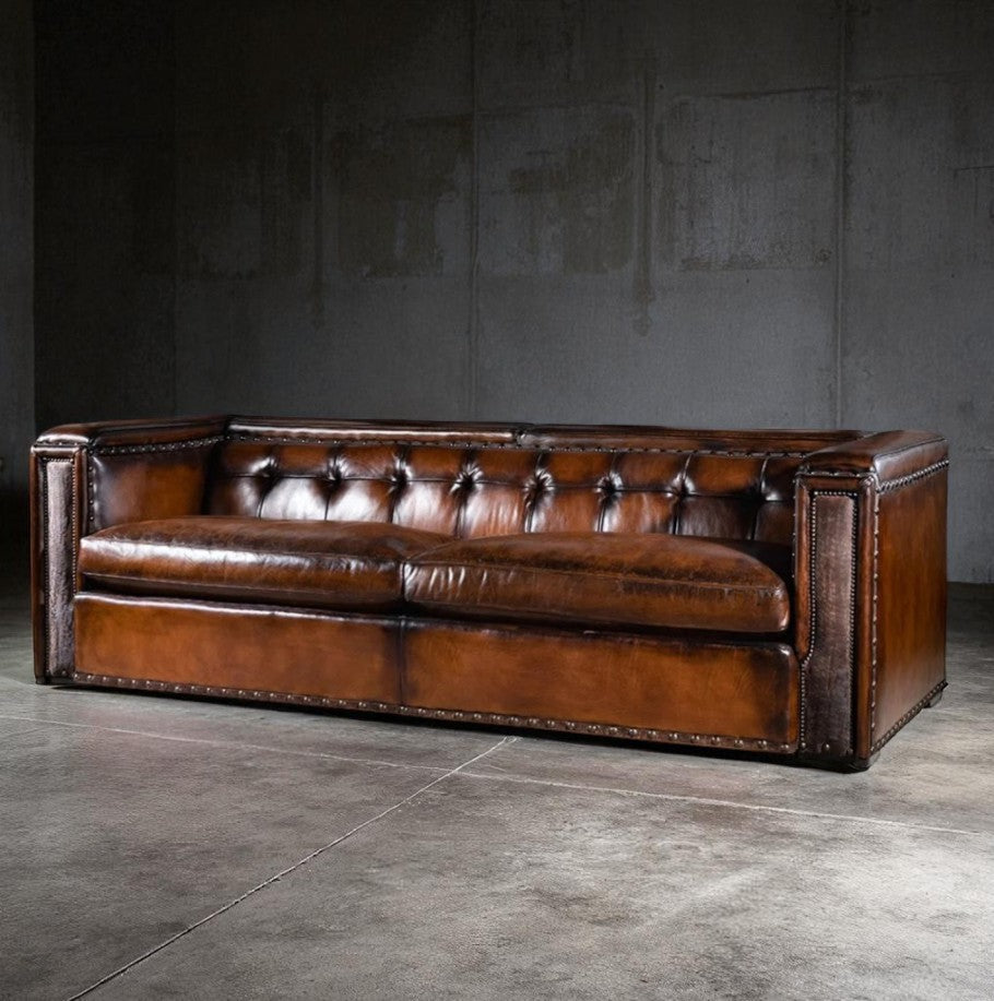 Artisan Vault Brown Leather 3-Seater Sofa – Handcrafted Heritage by J.L.HOME DECOR