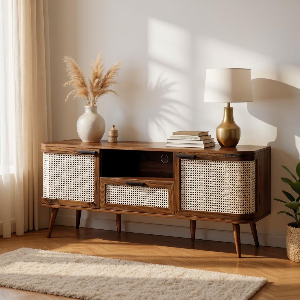 RetraVida Cane & Solid Mango Wood TV Unit – Walnut Finish, Handcrafted Media Console by J.L.HOME DECOR