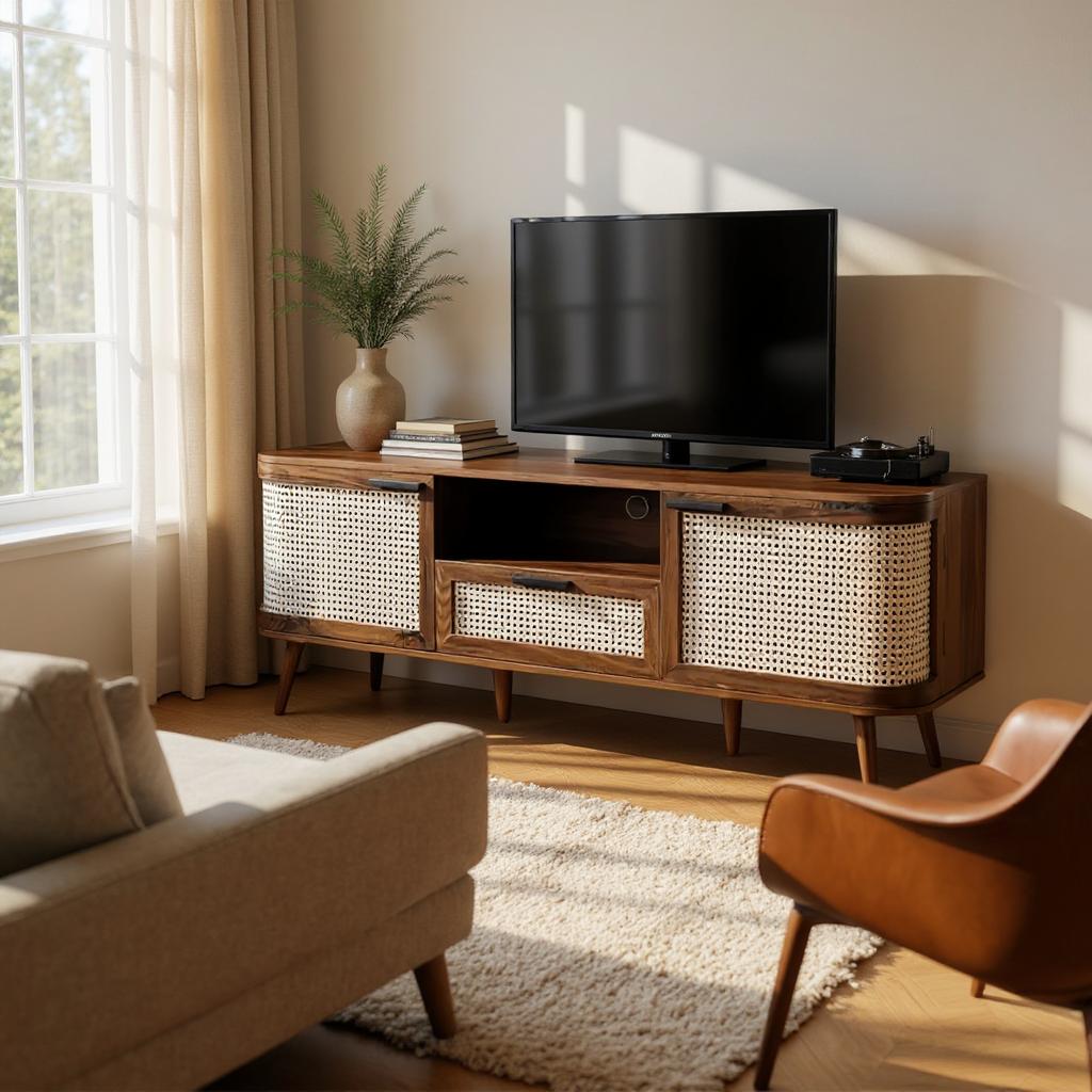 RetraVida Cane & Solid Mango Wood TV Unit – Walnut Finish, Handcrafted Media Console by J.L.HOME DECOR