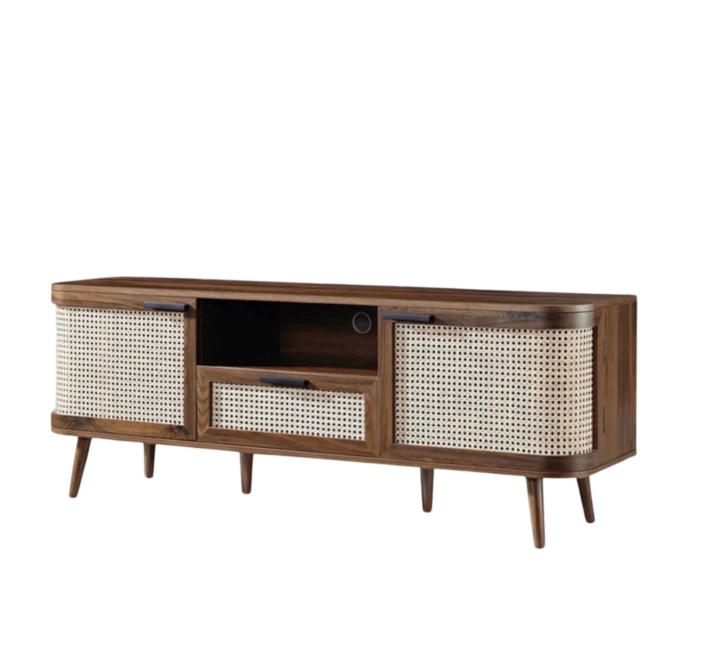 RetraVida Cane & Solid Mango Wood TV Unit – Walnut Finish, Handcrafted Media Console by J.L.HOME DECOR