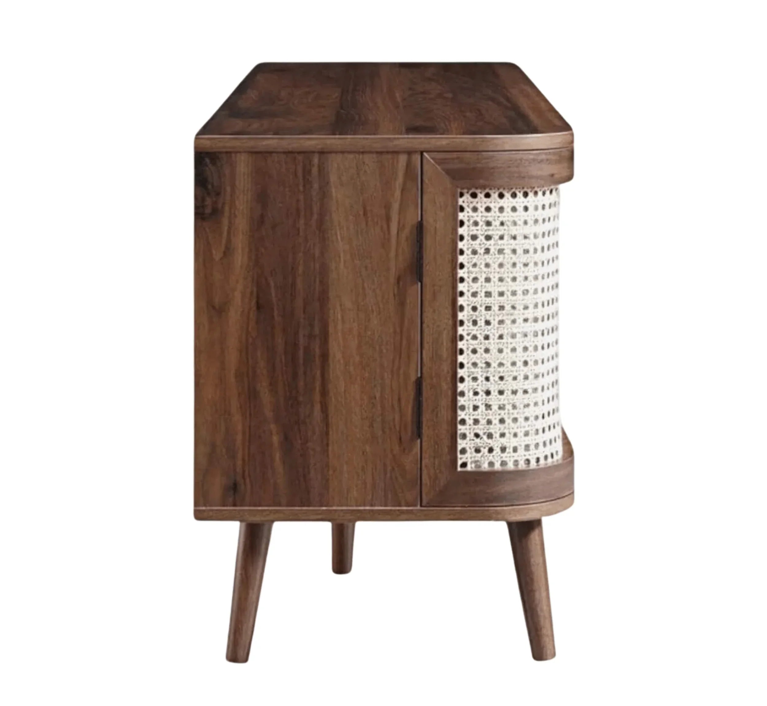 RetraVida Cane & Solid Mango Wood TV Unit – Walnut Finish, Handcrafted Media Console by J.L.HOME DECOR