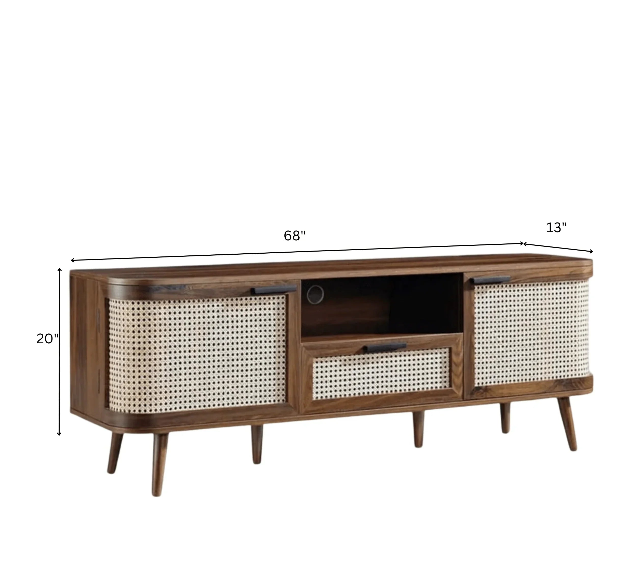 RetraVida Cane & Solid Mango Wood TV Unit – Walnut Finish, Handcrafted Media Console by J.L.HOME DECOR