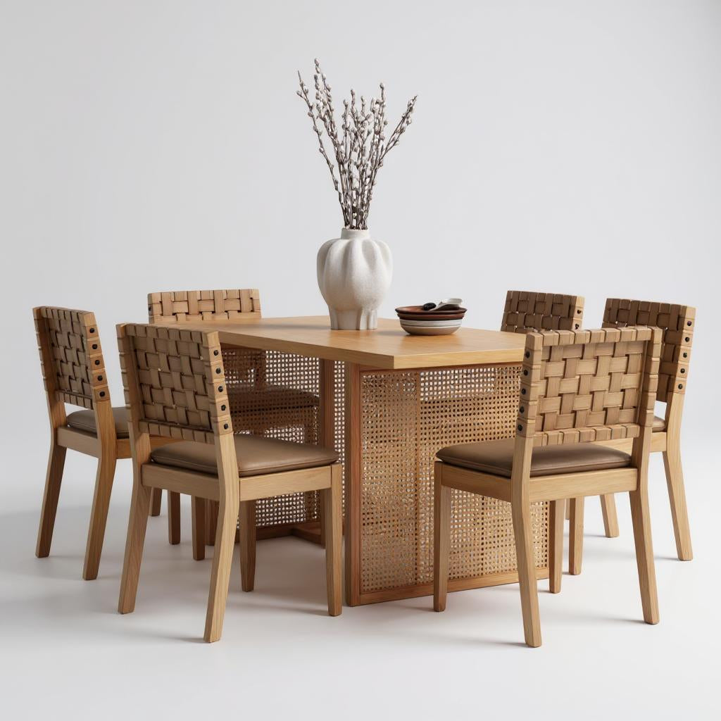 Isaki Rattan Luxe Solid Wood Dining Set with Leather Chairs – Natural Finish, 4/6/8 Seater by J.L.HOME DECOR