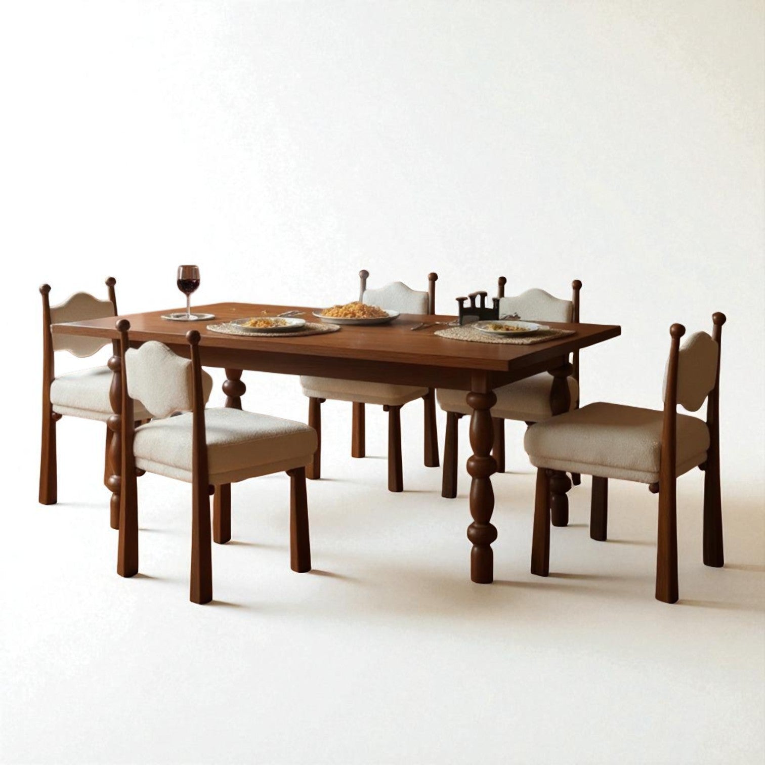 ModernaEra Mid Century Solid Wood Dining Set with Boucle Chairs – Versatile 4 & 6 Seater by J.L.HOME DECOR