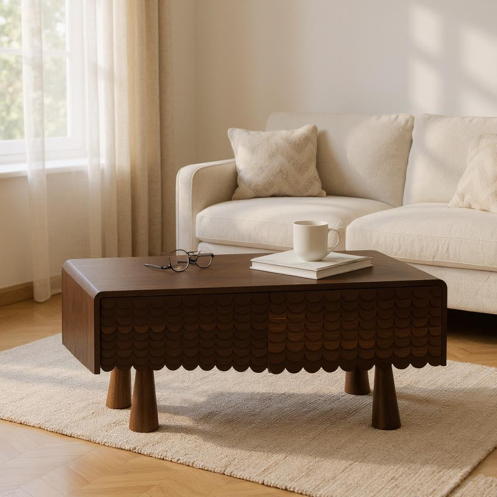 MangoNest Solid Mango Wood Center Table with 2 Drawers – Dark Walnut Finish, Handcrafted by J.L.HOME DECOR