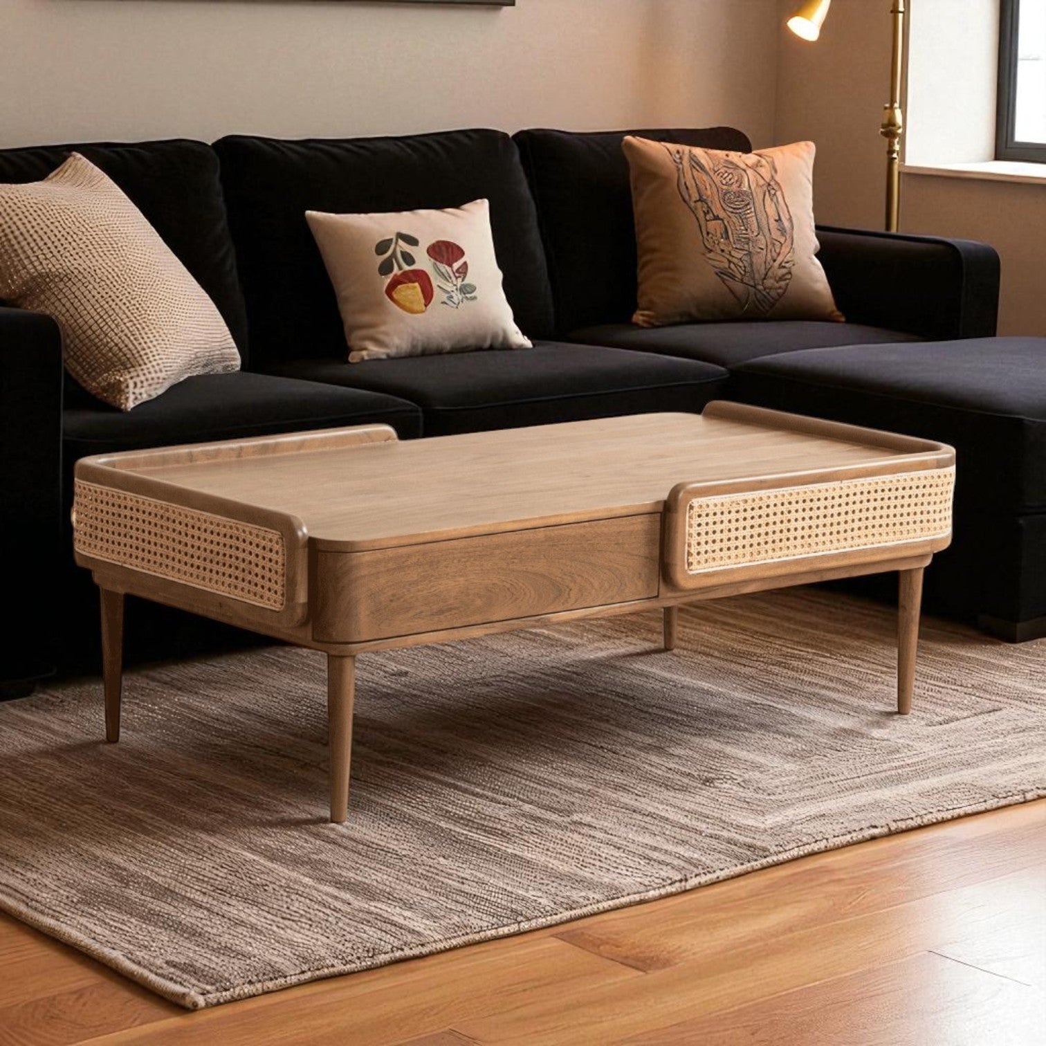 Linea Coffee Table | Handcrafted Mango Wood & Cane Living Room Table | J.L.HOME DECOR