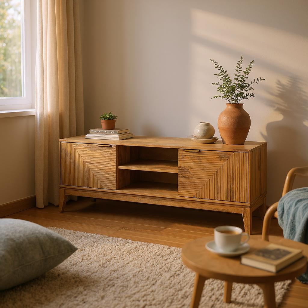Handcrafted Mango Wood & Rattan Coffee Table with Open Storage | Mid-Century Modern Living Room Centerpiece | J.L.HOME DECOR
