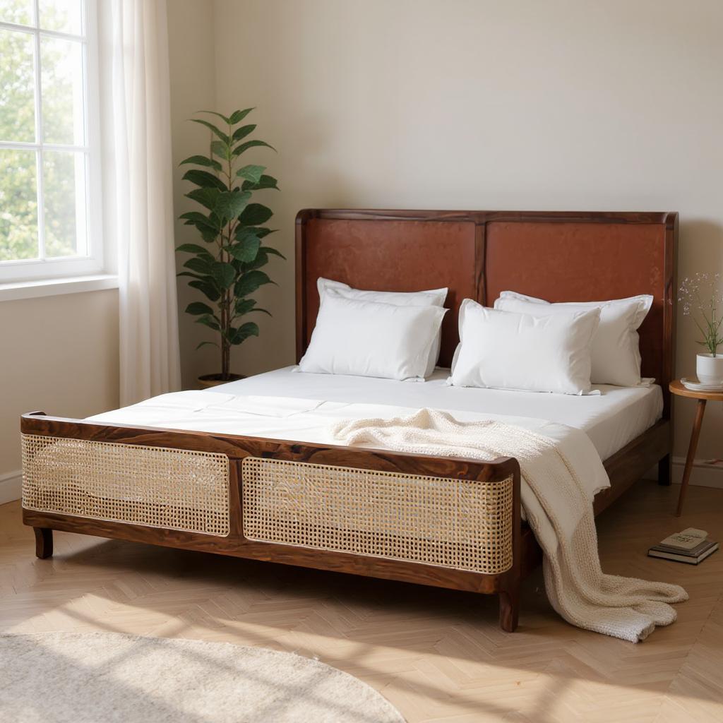 Heritage Canewood Classic Rattan Upholstered Bed – Walnut Finish,  J.L.HOME DECOR