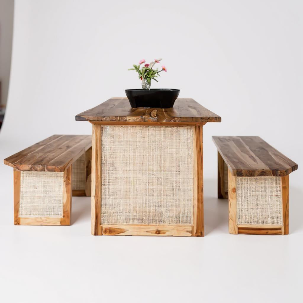Heritage Harmony Rattan Sheesham 6-Seater Dining Table Set with Bench – Natural Finish by J.L.HOME DECOR