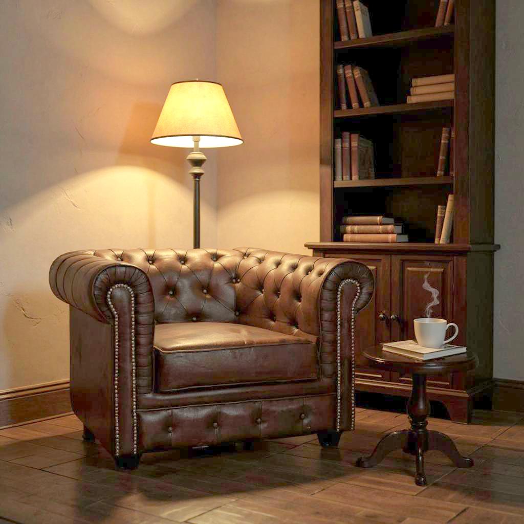 Chesterfield Leather Armchair | Single Seater Tufted Club Chair | Handcrafted Luxury Living Room Furniture | J.L.HOME DECOR