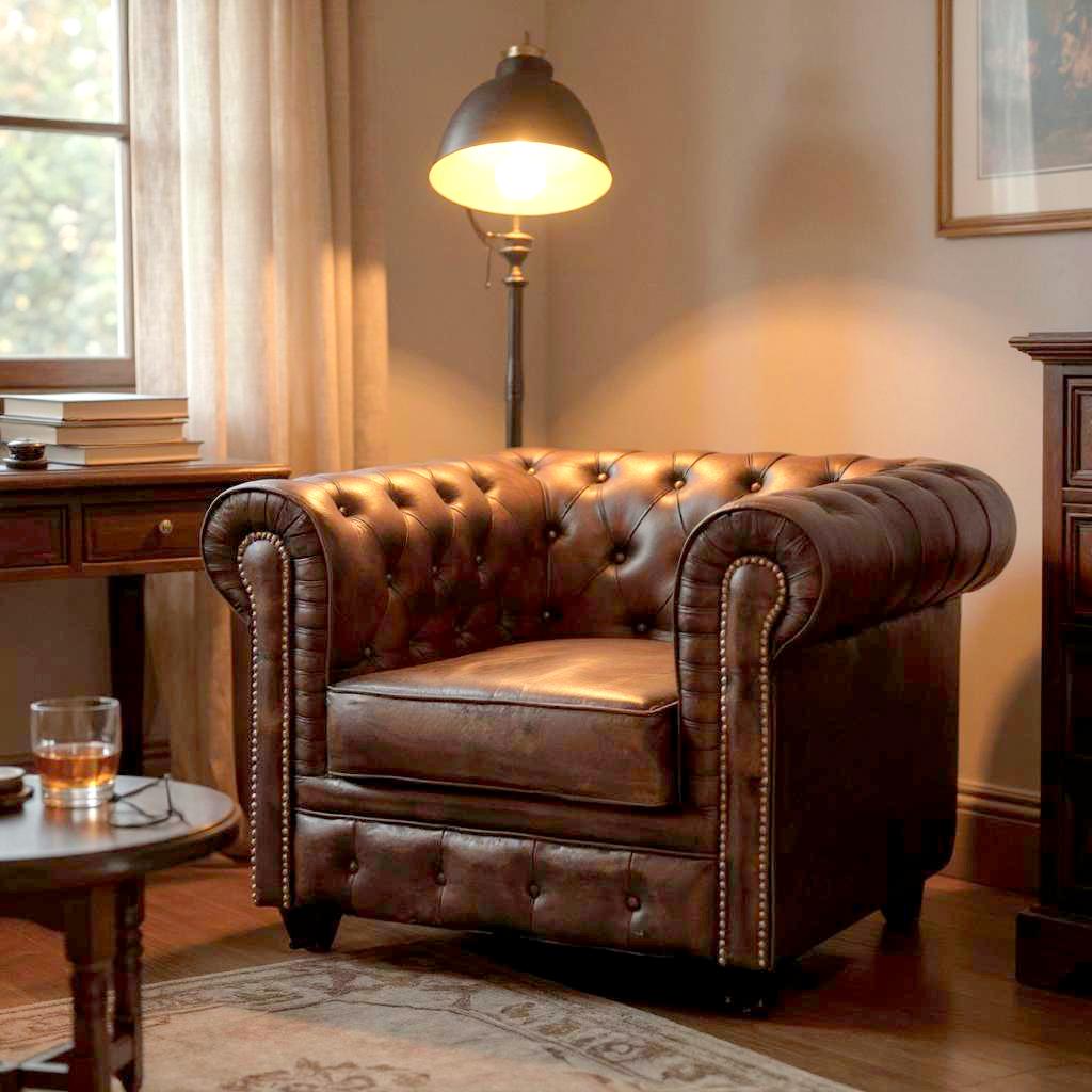 Chesterfield Leather Armchair | Single Seater Tufted Club Chair | Handcrafted Luxury Living Room Furniture | J.L.HOME DECOR