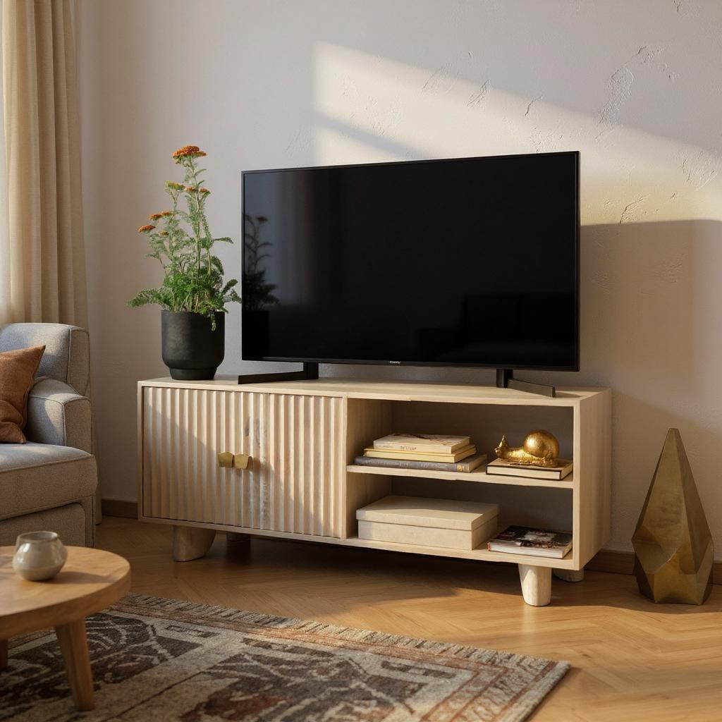 Artisan Fluted Wood TV Unit with Storage | Modern Media Console | Natural Finish Entertainment Center | J.L.HOME DECOR