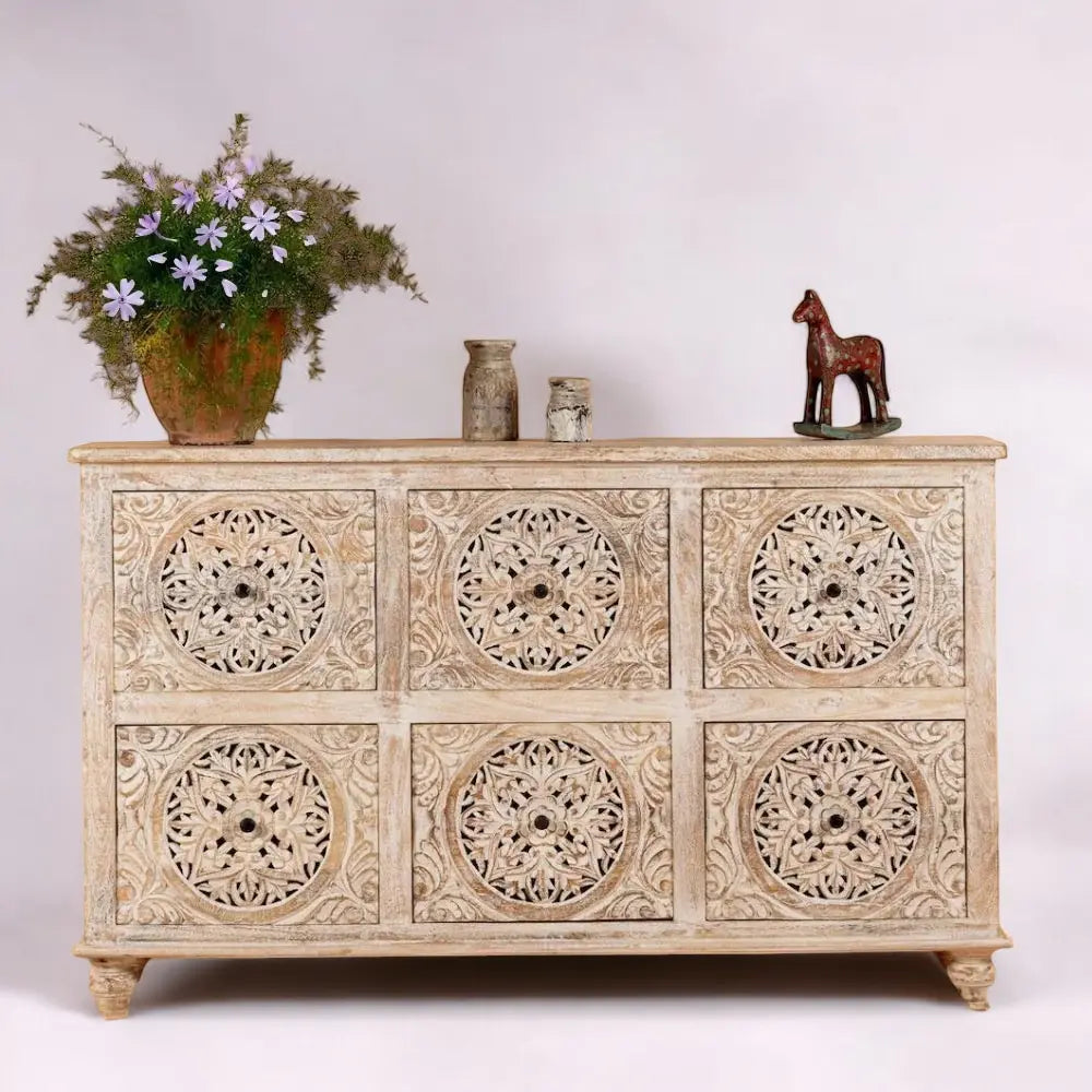 White Rustic Hand Carved Solid Wood Cabinet cabinet  antique style jlhomedecor2021.myshopify.com