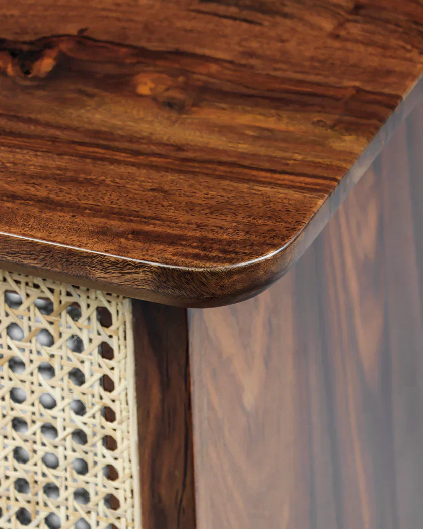 WaltonRattan Modern Side Table – Solid Mango & Sheesham Wood, Rattan Accent, Walnut Finish by J.L.HOME DECOR