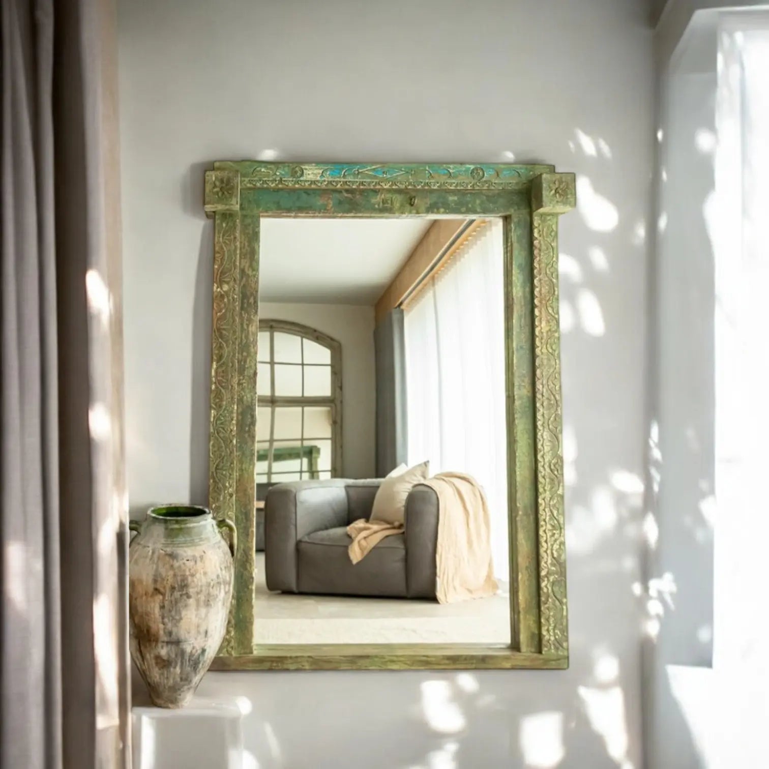 Stunning Hand-Carved Blue Old Rustic Color Solid Wood Mirror  antique blue jlhomedecor2021.myshopify.com