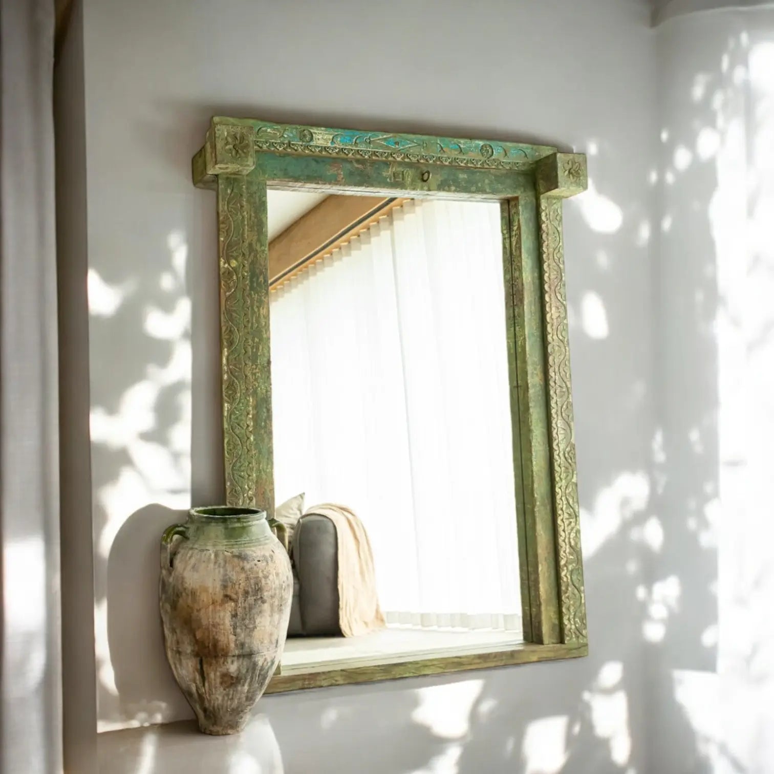 Stunning Hand-Carved Blue Old Rustic Color Solid Wood Mirror  antique blue jlhomedecor2021.myshopify.com