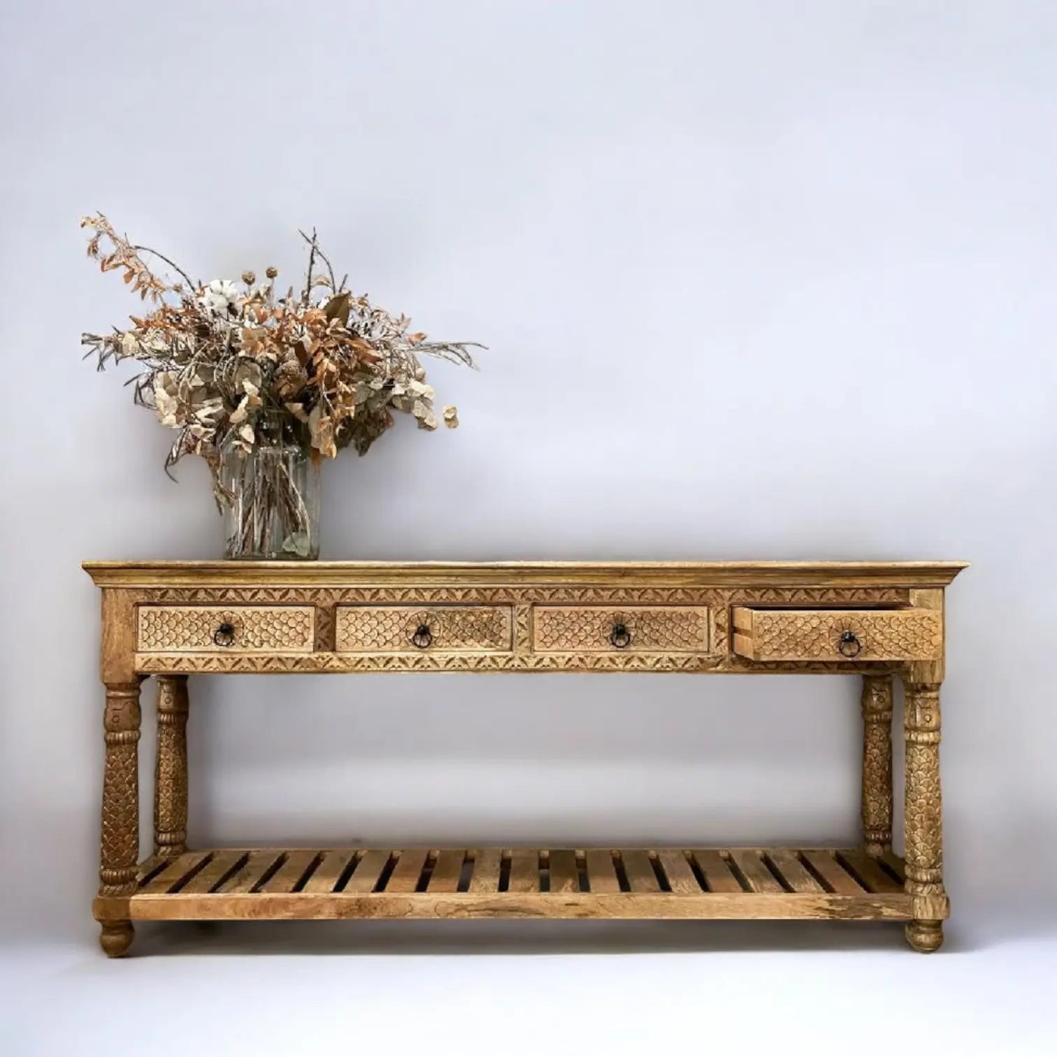 Handcrafted 4 Drawer Solid Wood Console Table with Carved Detailing Console Table  4-Drawer Console Table jlhomedecor2021.myshopify.com