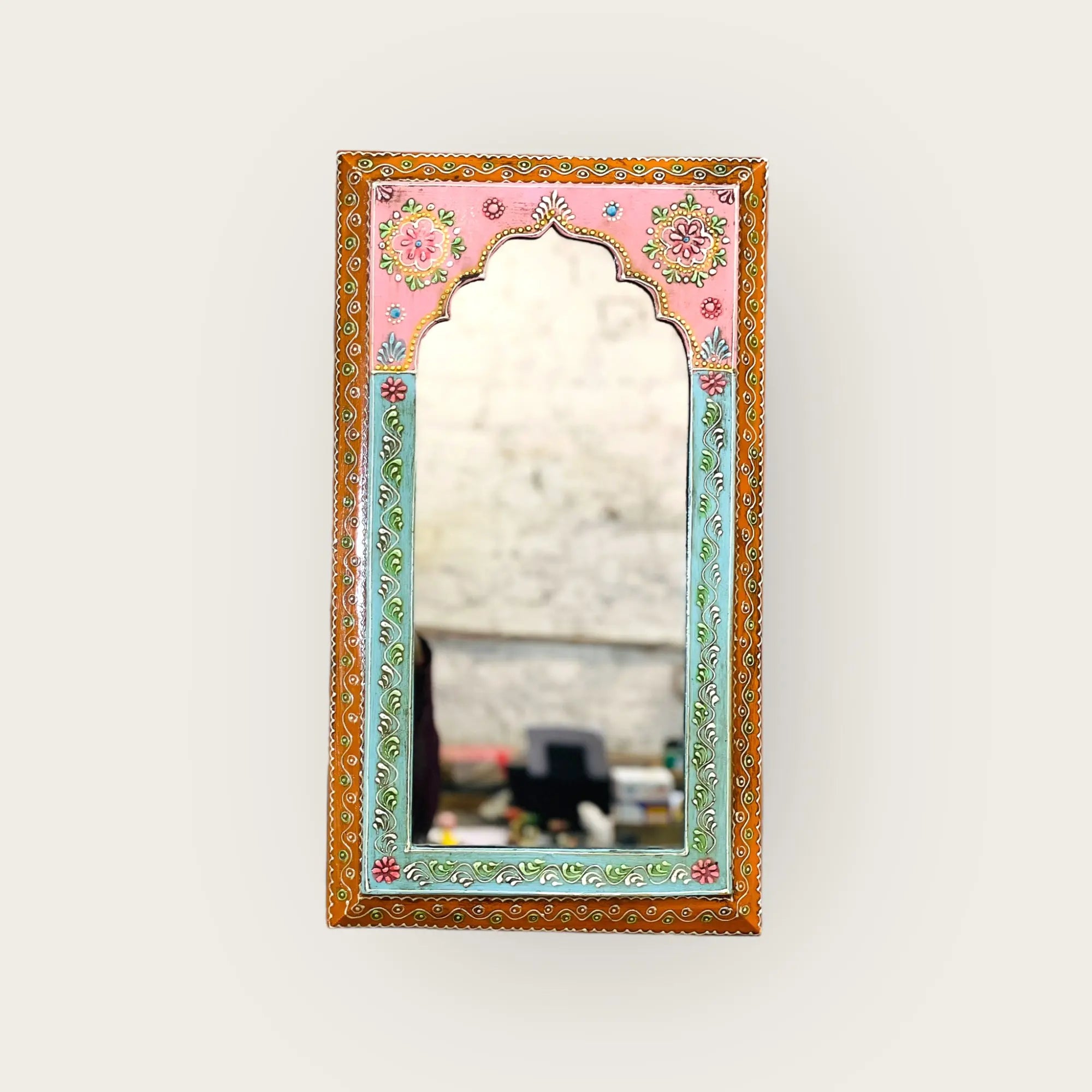 Blush Blossoms: 25x46cm Handpainted Pink Mirror Mirror  artisan-made jlhomedecor2021.myshopify.com