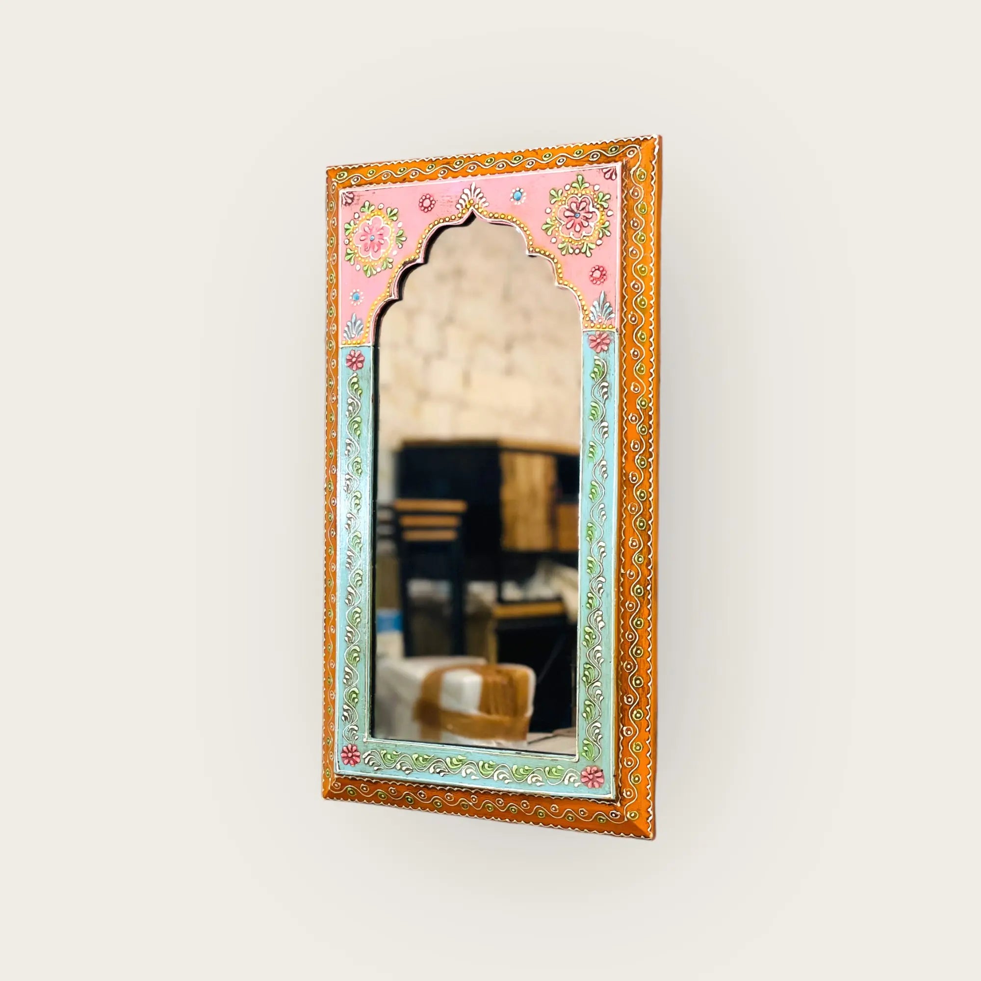 Blush Blossoms: 25x46cm Handpainted Pink Mirror Mirror  artisan-made jlhomedecor2021.myshopify.com