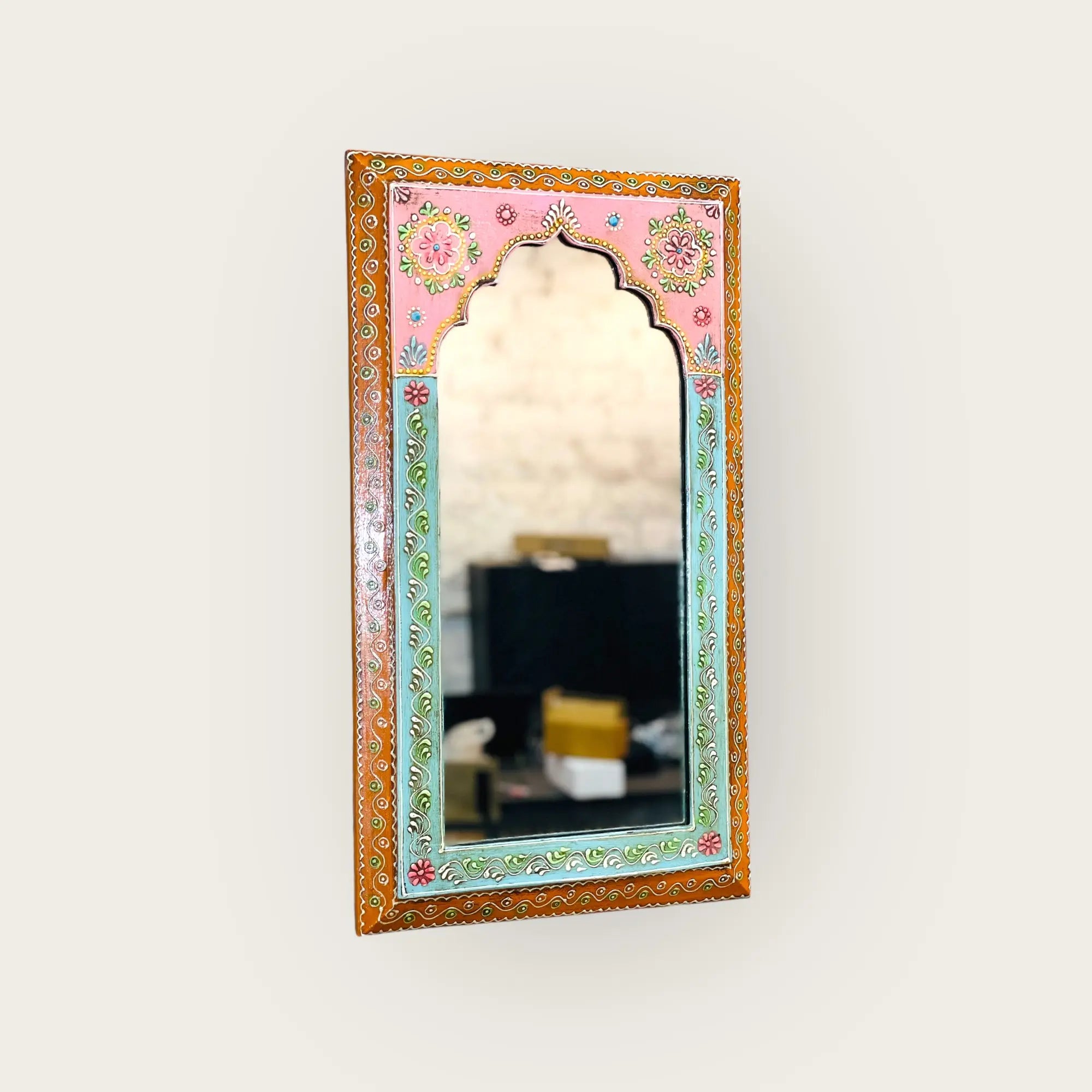 Blush Blossoms: 25x46cm Handpainted Pink Mirror Mirror  artisan-made jlhomedecor2021.myshopify.com