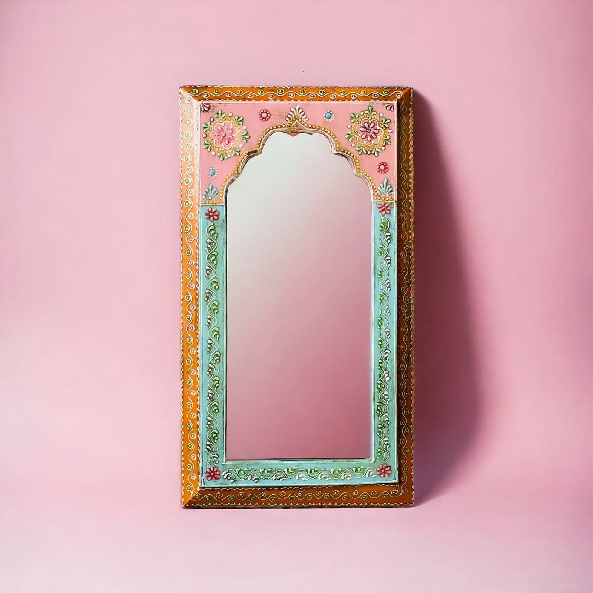 Blush Blossoms: 25x46cm Handpainted Pink Mirror Mirror  artisan-made jlhomedecor2021.myshopify.com