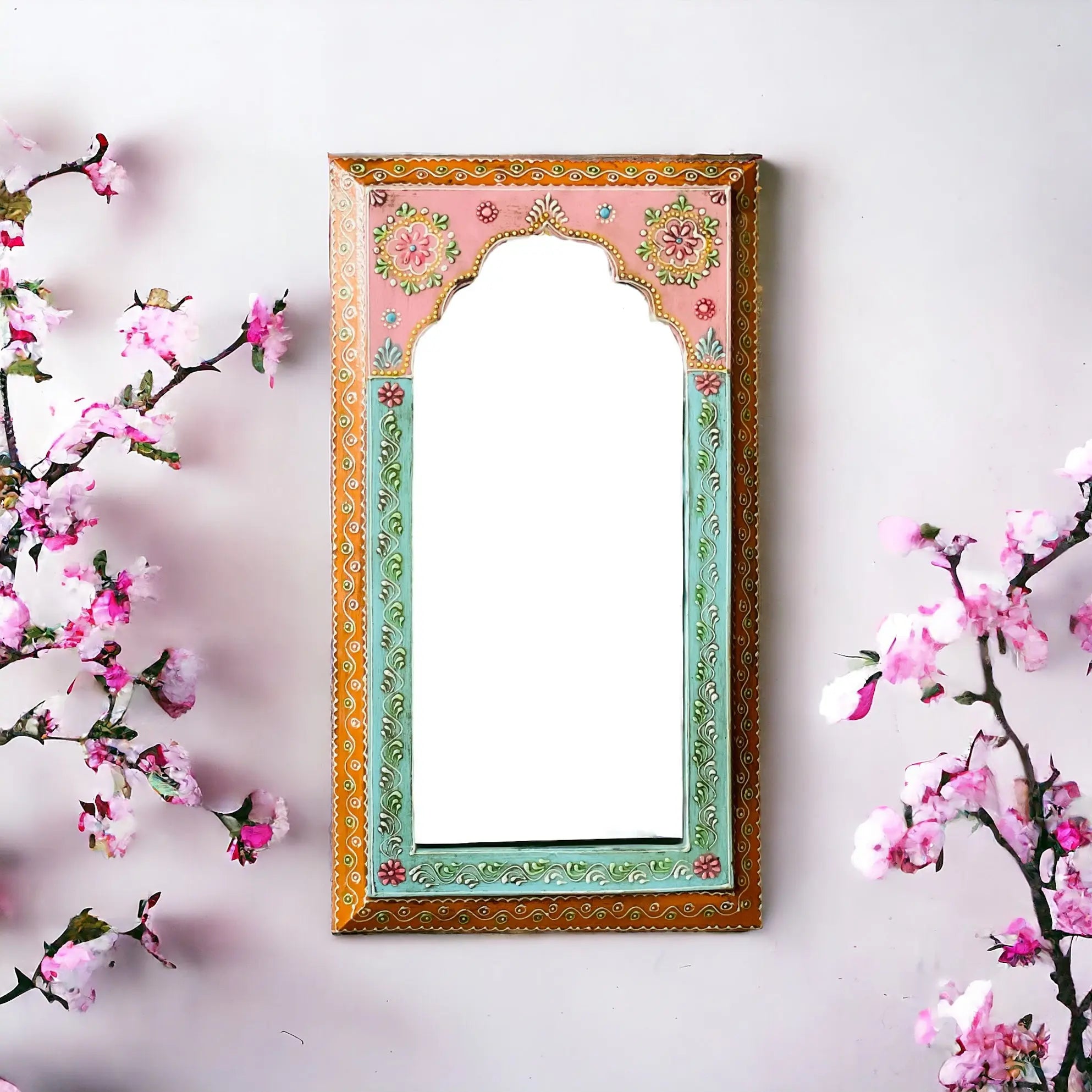 Blush Blossoms: 25x46cm Handpainted Pink Mirror Mirror  artisan-made jlhomedecor2021.myshopify.com