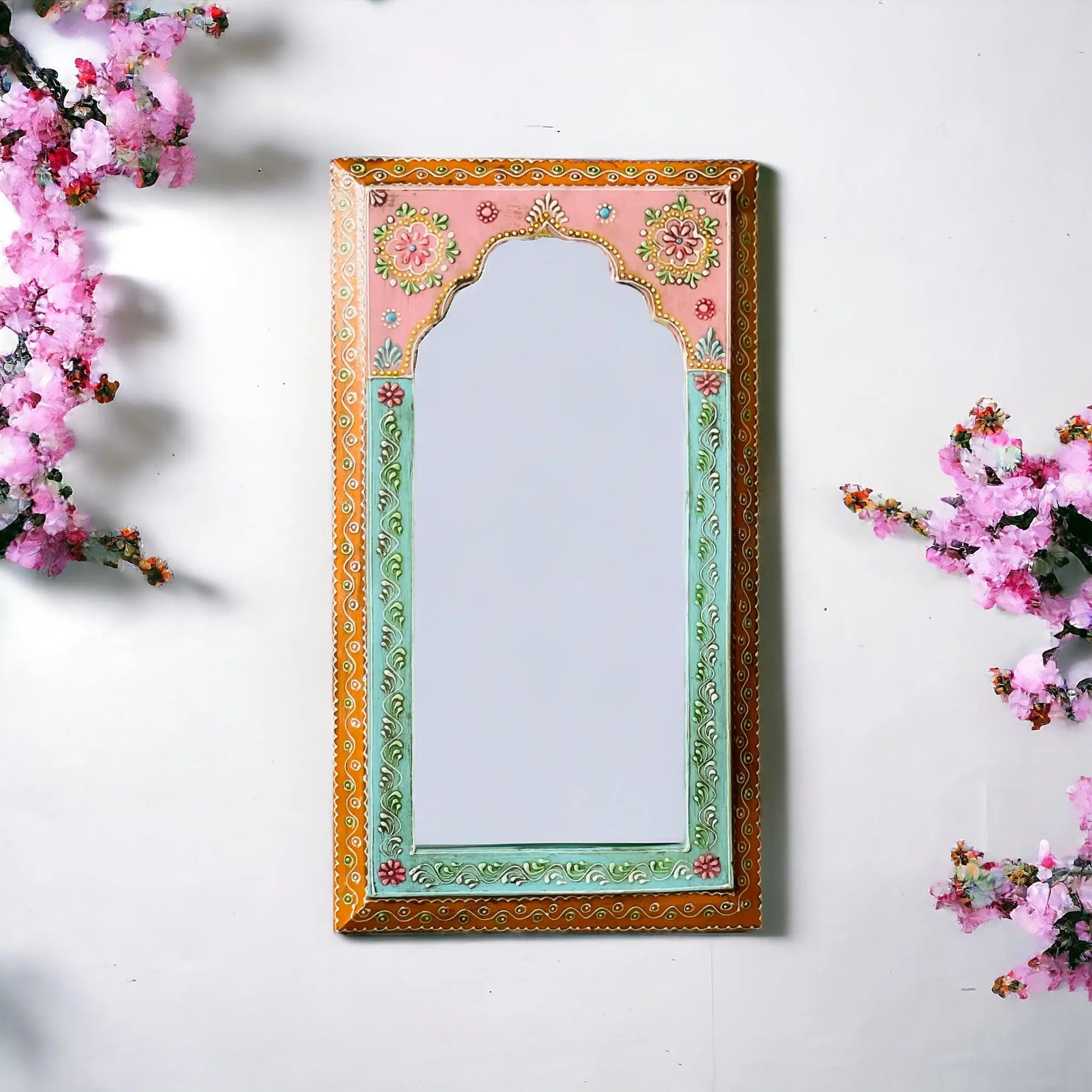 Blush Blossoms: 25x46cm Handpainted Pink Mirror Mirror  artisan-made jlhomedecor2021.myshopify.com