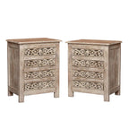 hand carved bedside table, mango wood bedside table, distressed bedside table, nightstand, 4 drawer bedside table, scroll carved bedside table, openwork bedside table, indian carved furniture, bedroom bedside table, bedroom nightstand, bedside storage, compact bedside table, handmade bedside table, artisan made nightstand, premium wood bedside table, quality wood furniture, durable nightstand, sturdy bedside table, timeless nightstand, elegant bedside table, heirloom nightstand, coastal bedside table, shabb