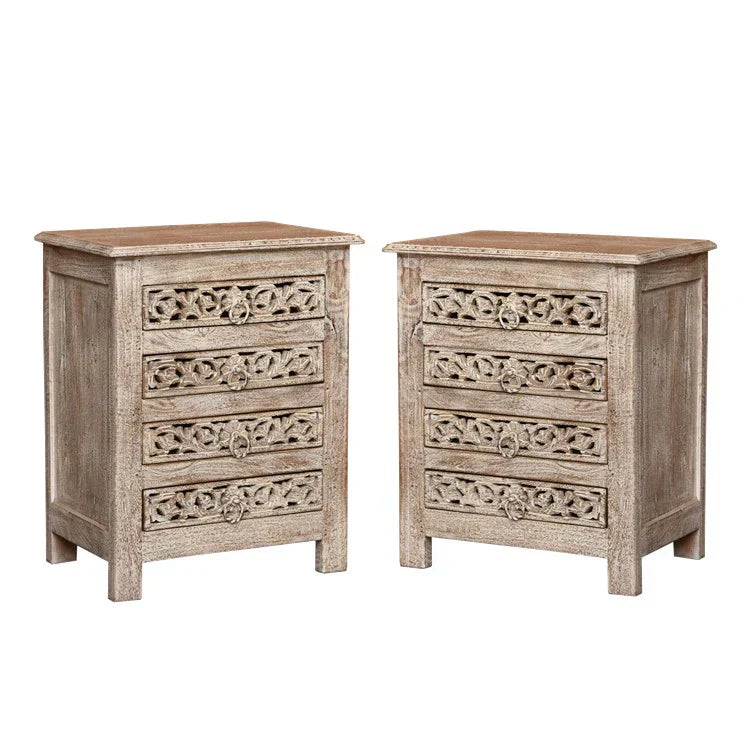 hand carved bedside table, mango wood bedside table, distressed bedside table, nightstand, 4 drawer bedside table, scroll carved bedside table, openwork bedside table, indian carved furniture, bedroom bedside table, bedroom nightstand, bedside storage, compact bedside table, handmade bedside table, artisan made nightstand, premium wood bedside table, quality wood furniture, durable nightstand, sturdy bedside table, timeless nightstand, elegant bedside table, heirloom nightstand, coastal bedside table, shabb