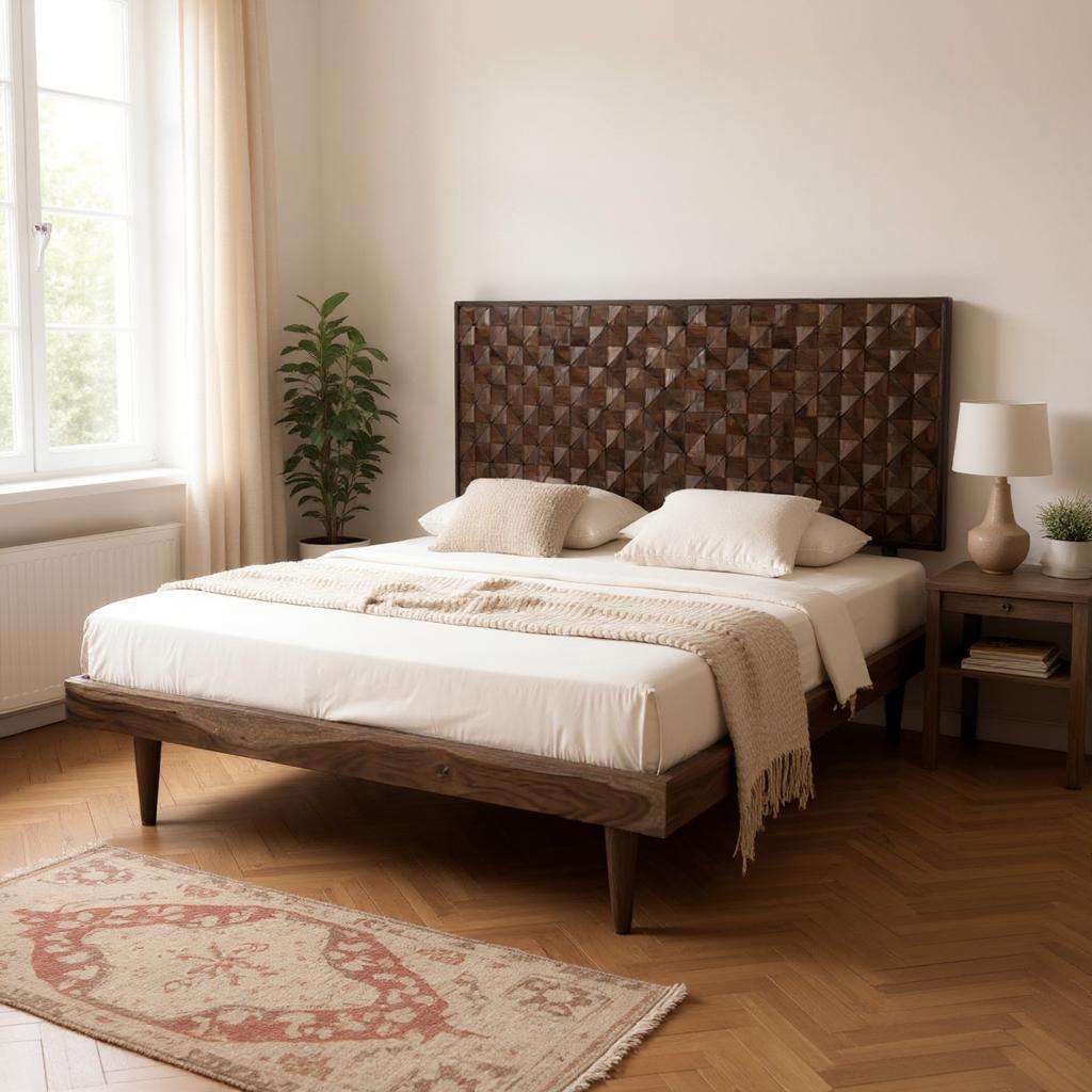 Prism Queen Bed | Handcrafted Sheesham Wood Bed with Geometric Headboard | J.L.HOME DECOR