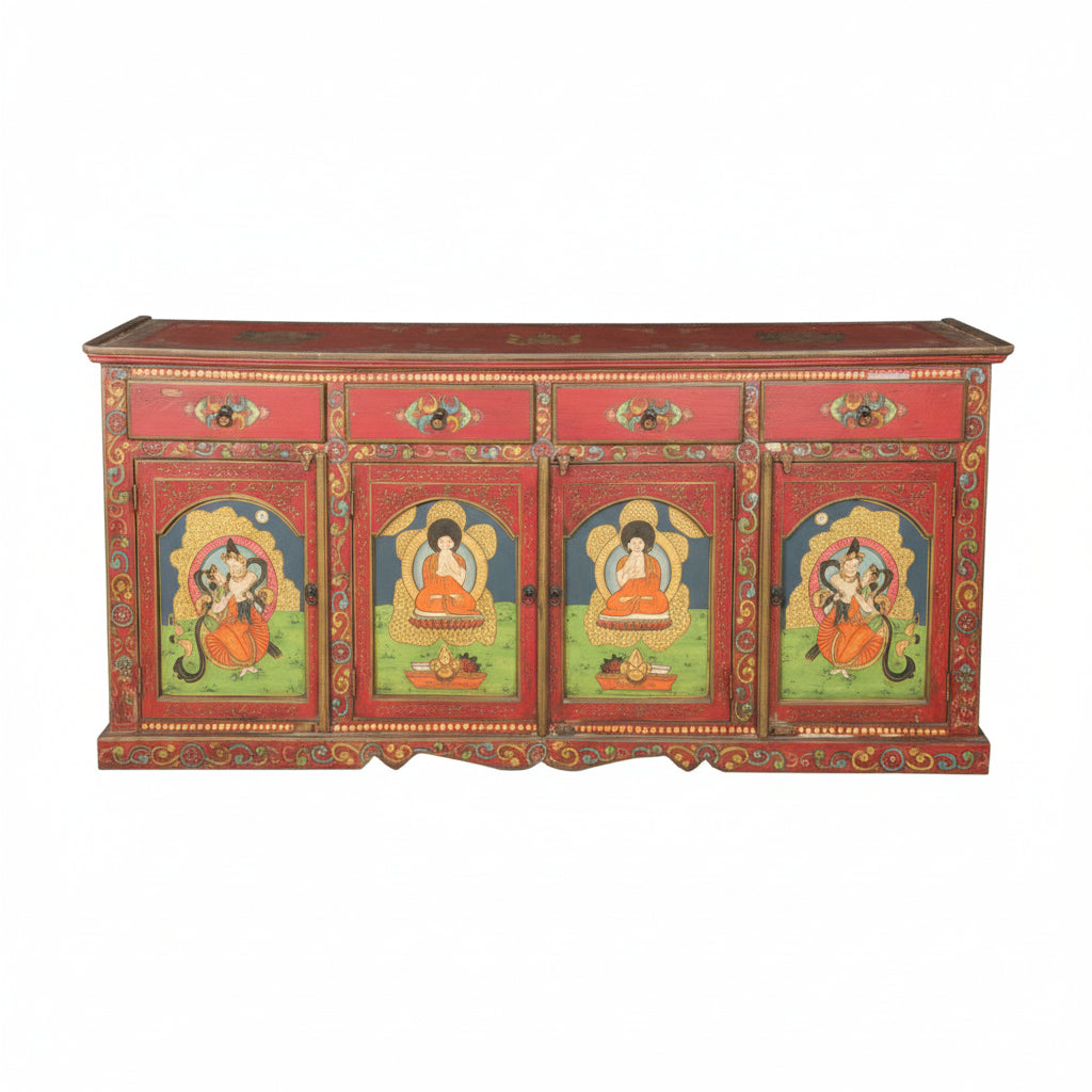 Decorative cabinet with painted designs on a white background